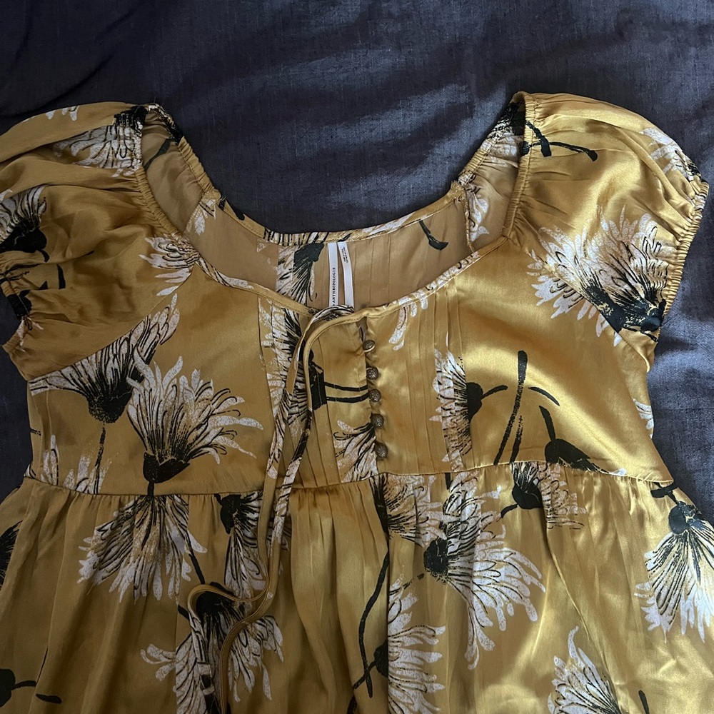 By Anthropologie Honey Brown Cap-Sleeve Tiered Satin Dress